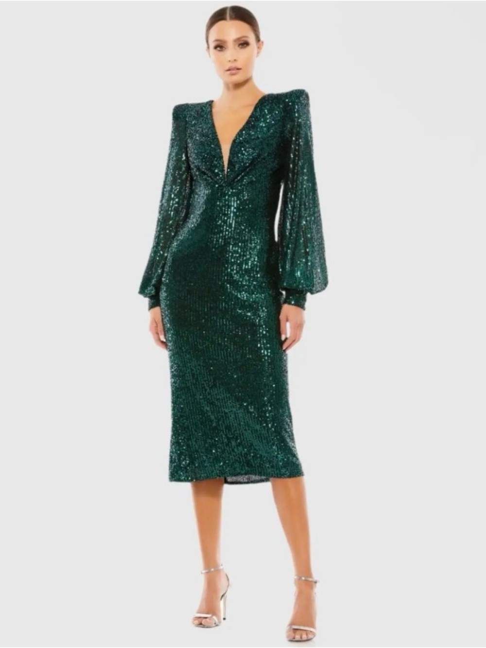MAC DUGGAL
Sequined Structured Bishop Sleeve Midi Dress - Size 6